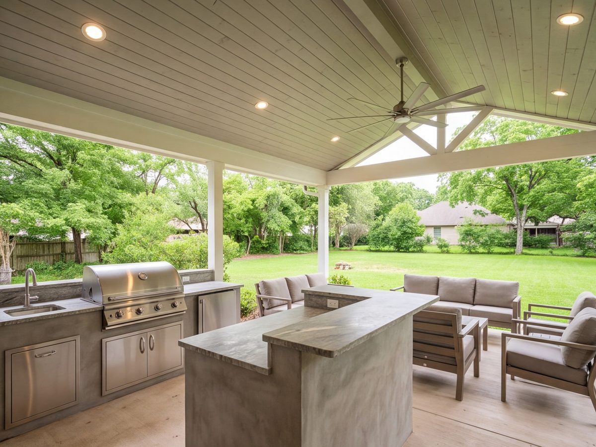 Covered patio with an outdoor kitchen and seating
