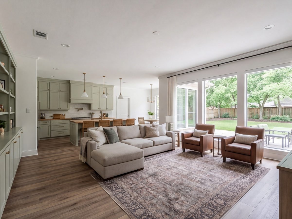 Renovated living room flowing into the kitchen