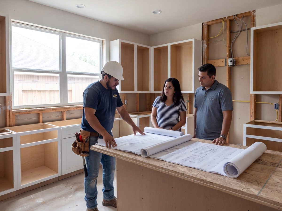 Builder reviewing a plan with homeowners in a kitchen under construction